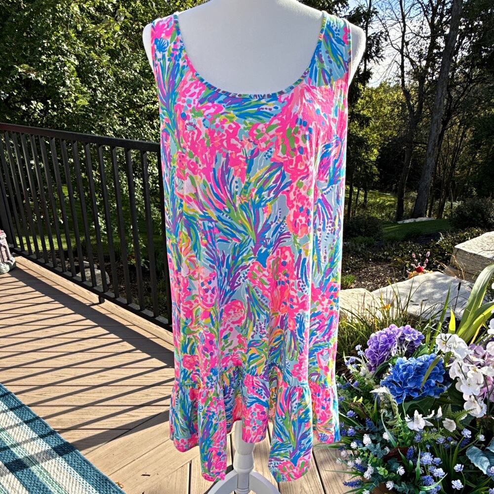 Lilly Pulitzer Women Floral Tropical Shift Dress Scoop Neck Ruffle Sz XL ((259)